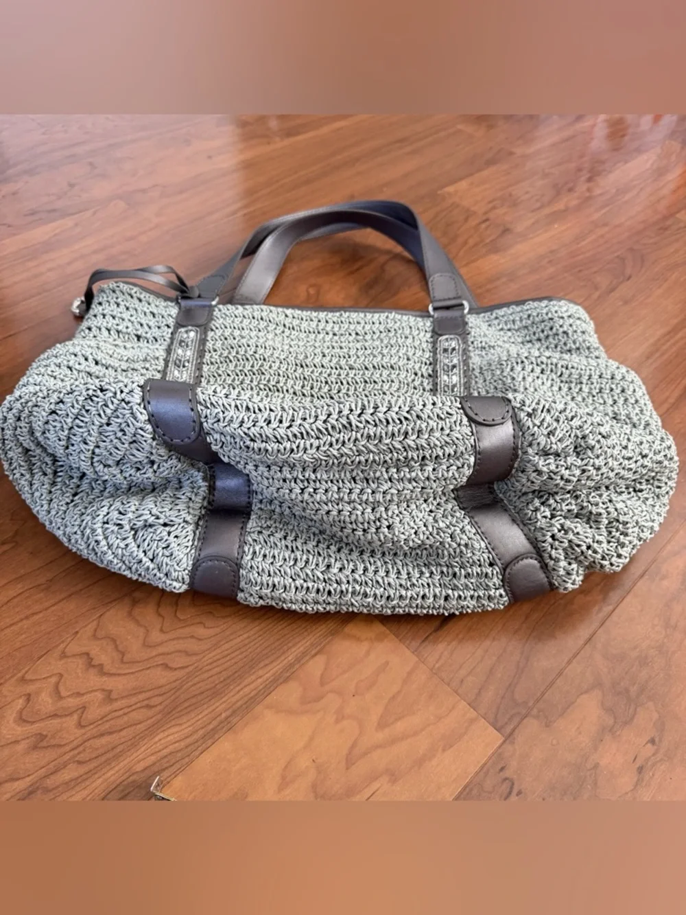 Brighton Aria Anju XLStraw Woven Leather‎ Carryall Pewter Gray Tote Shoulder Bag